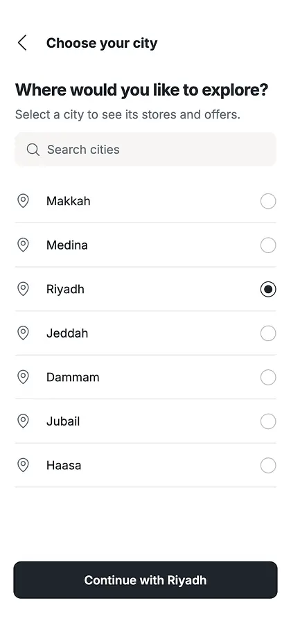 City selection screen listing Saudi cities