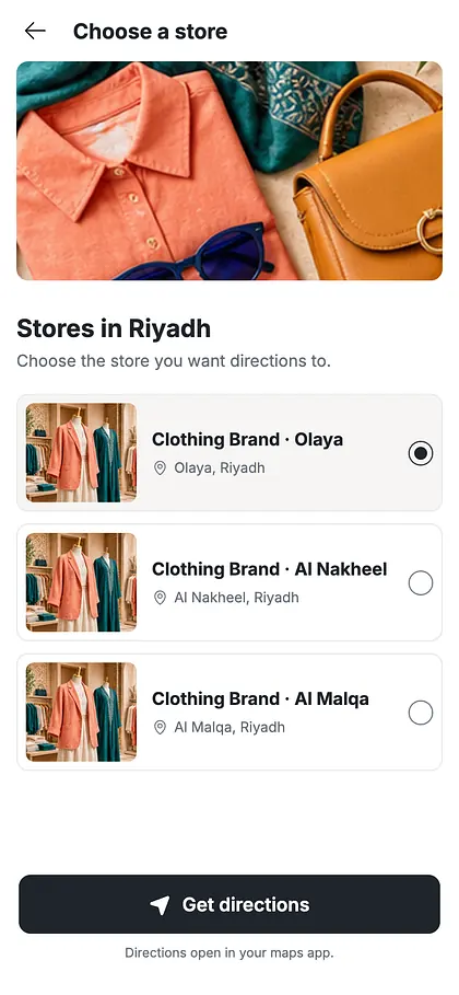 Store selection screen for directions with three branches