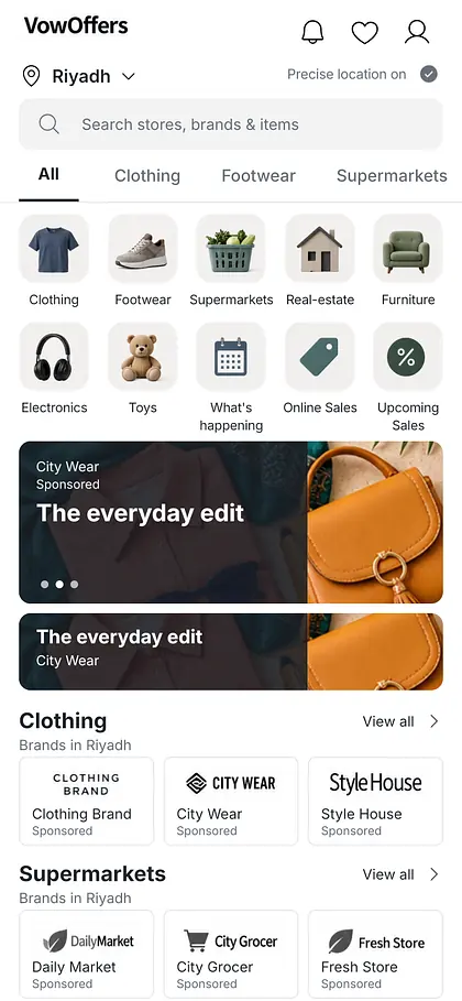 VowOffers home screen in English with categories and sponsored banners for Riyadh