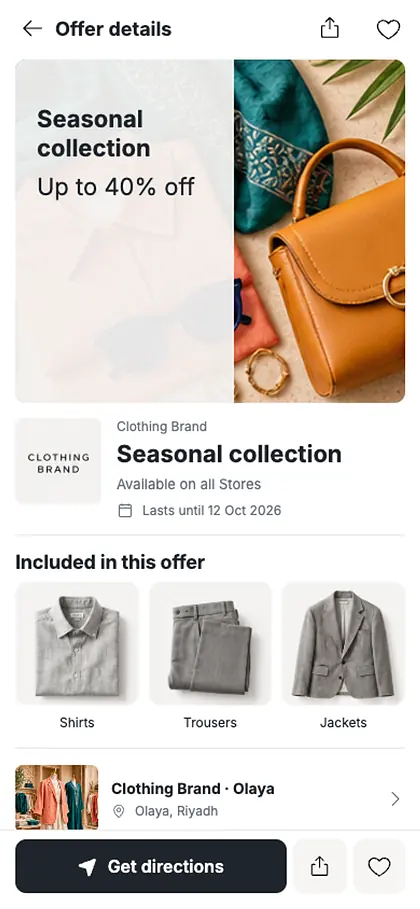 Offer details screen with included items, the store and a Get directions button
