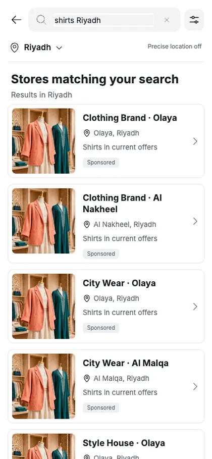 Search results listing stores in Riyadh for shirts