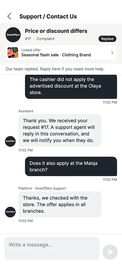 Support conversation about an offer with a reply from the VowOffers team