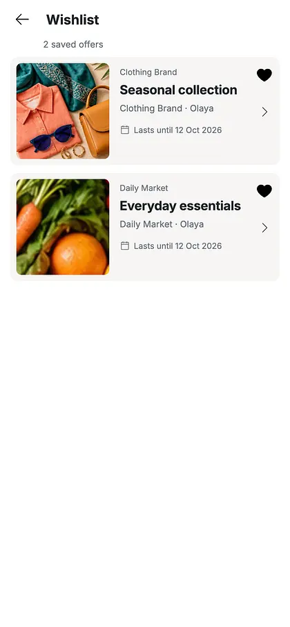 Wishlist screen with two saved offers